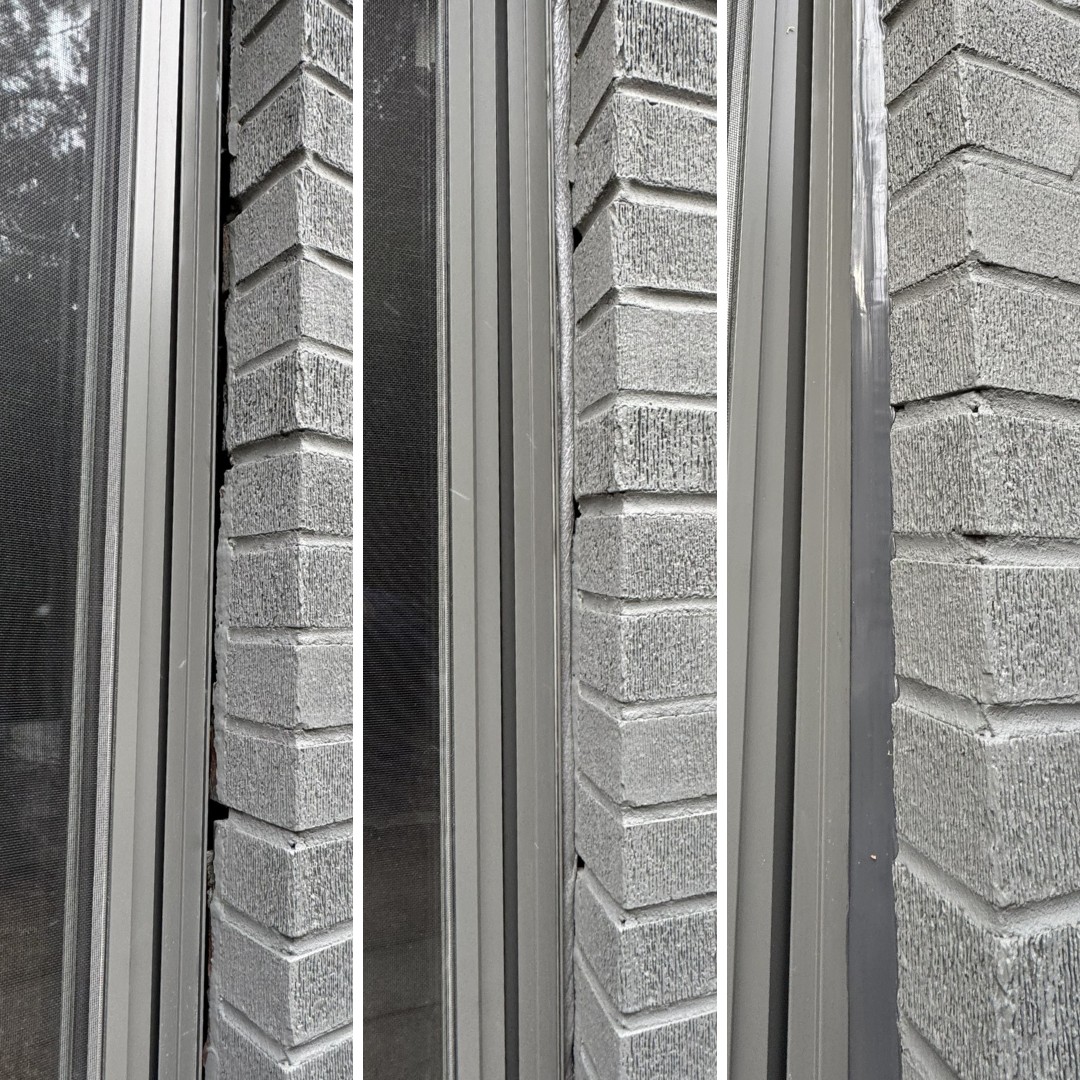 One window joint shown three times: the failed seal with an open gap, the joint cleaned and prepared, and the new sealant bead in place