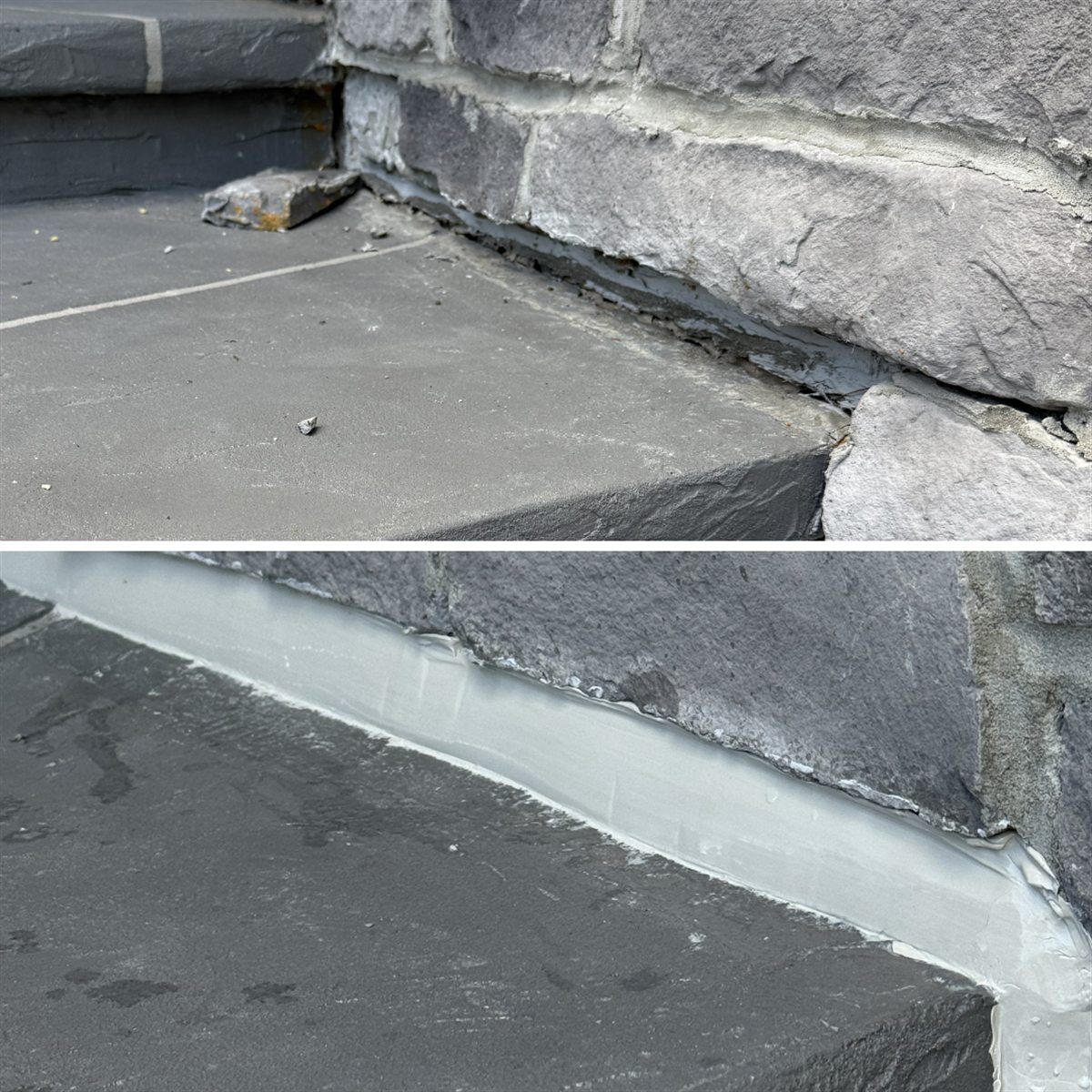 Sealed joint along exterior stone and a concrete slab