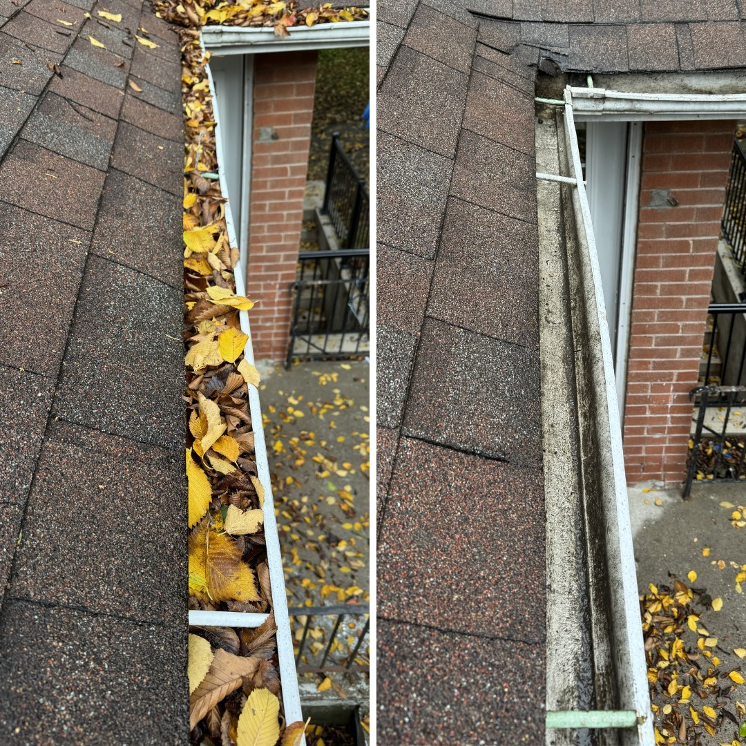 A gutter before and after cleaning: packed with leaves, then cleared