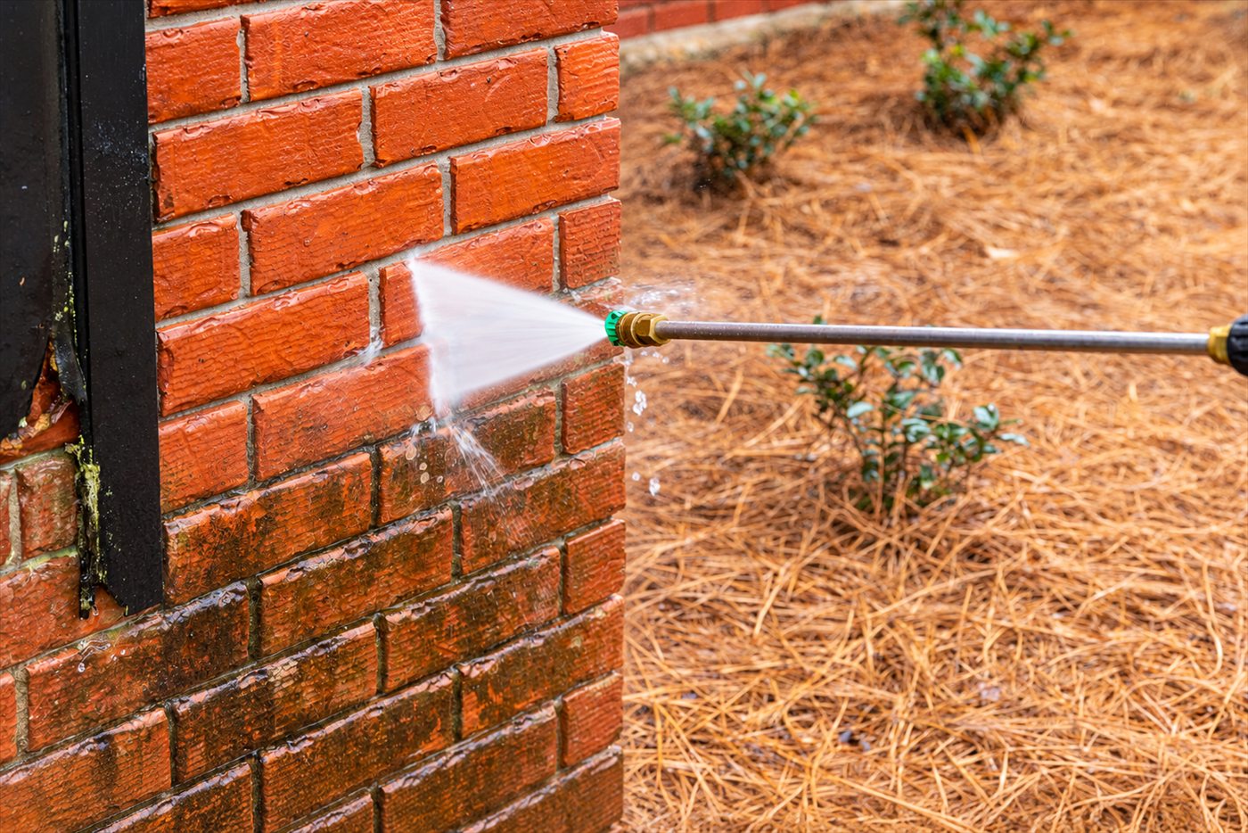 Brick wall being cleaned with a pressure washer wand