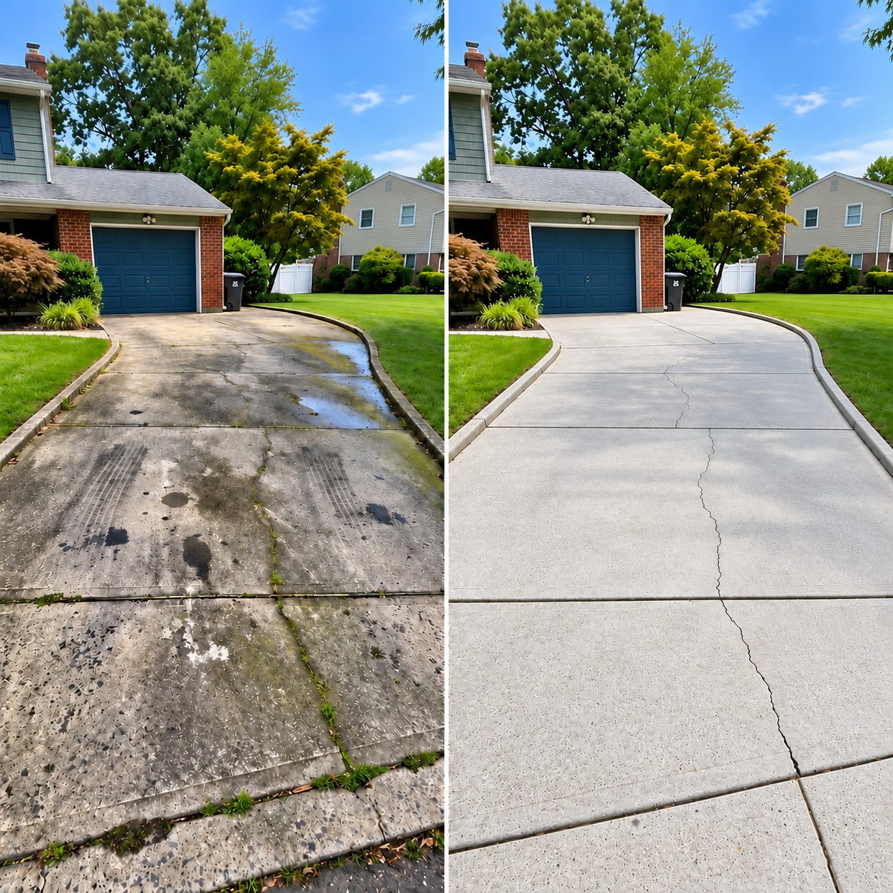 Concrete driveway shown before and after power washing