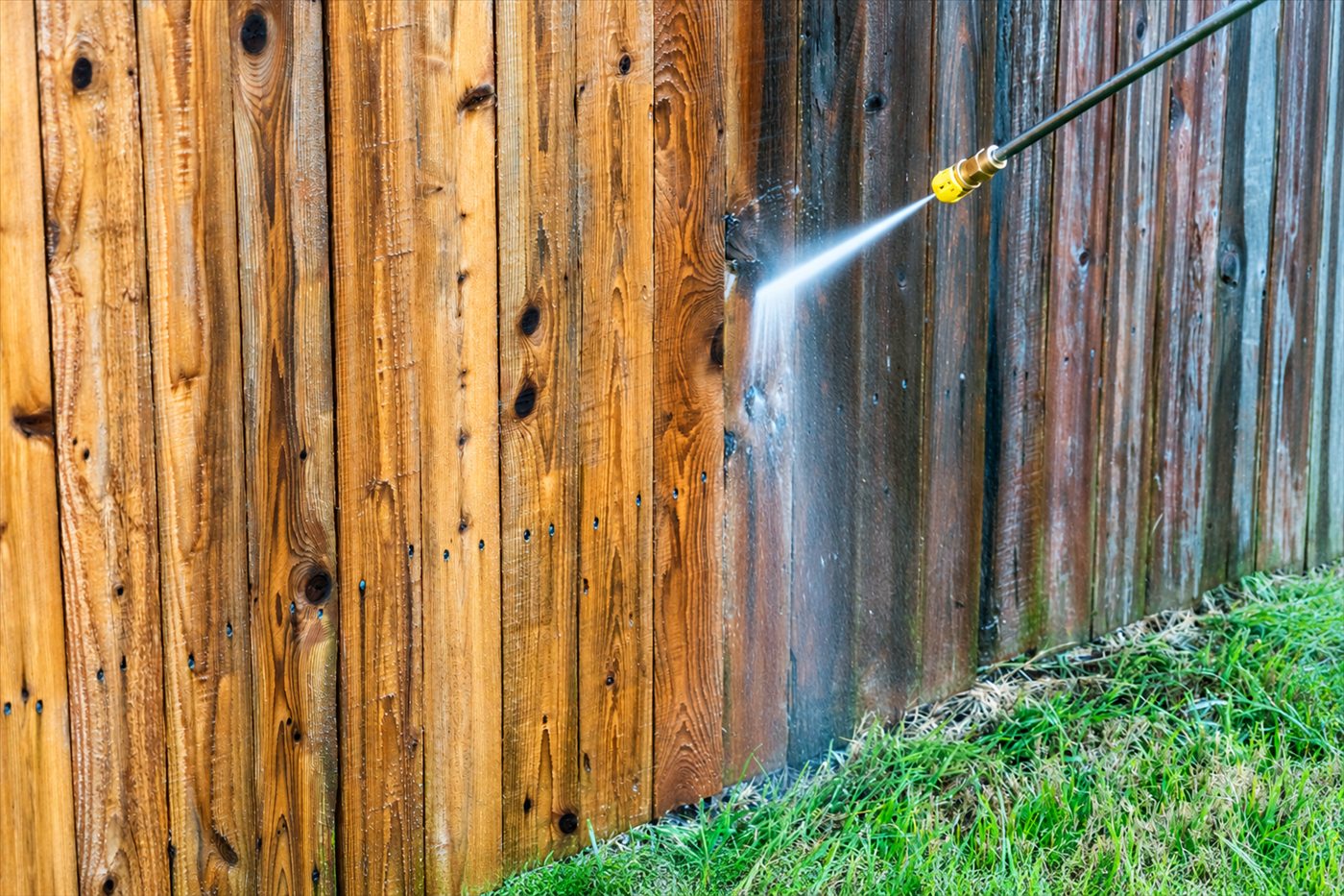 Wood fence being pressure washed, showing the cleaned boards