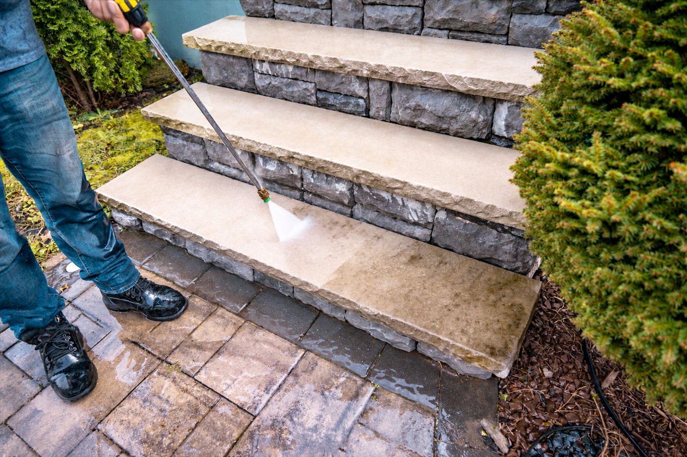 Stone steps and a paver walkway being pressure washed