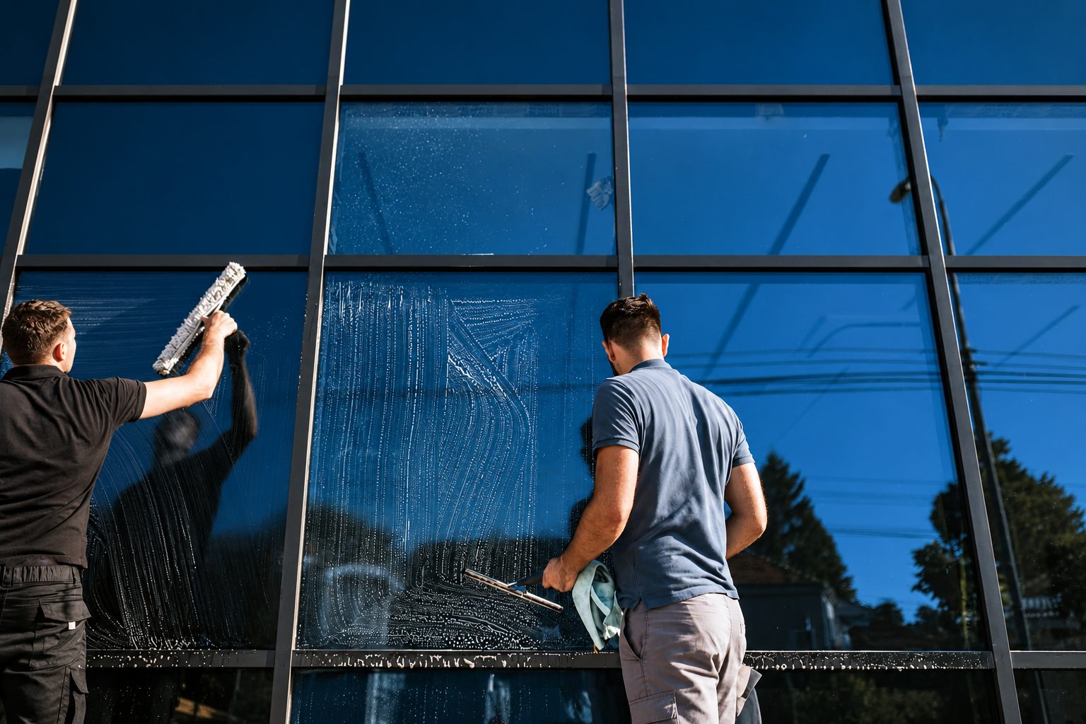 Two window cleaners washing a commercial glass facade