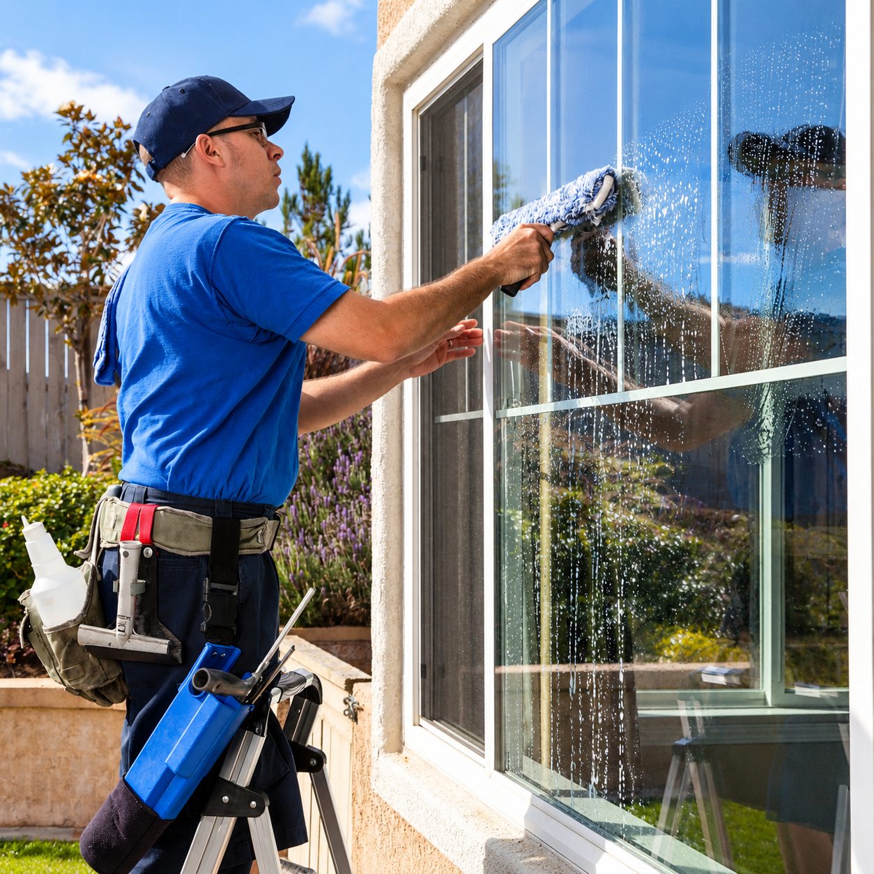 Window cleaner washing the outside of a house window