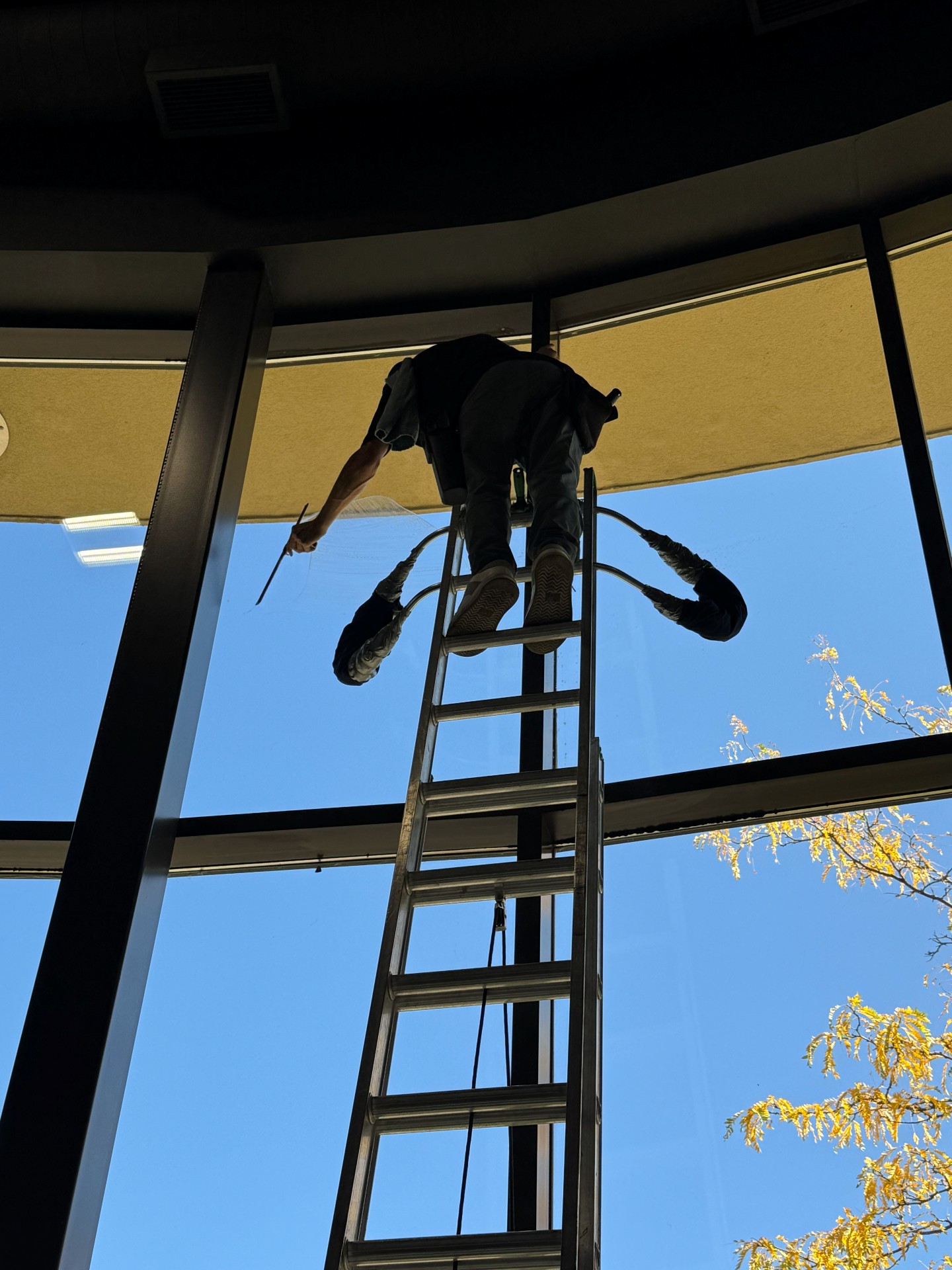HomeTouch window cleaner working on tall glass from the inside