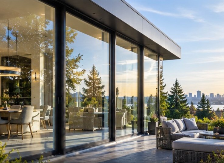 Full-height glazing showing both the interior and the exterior view