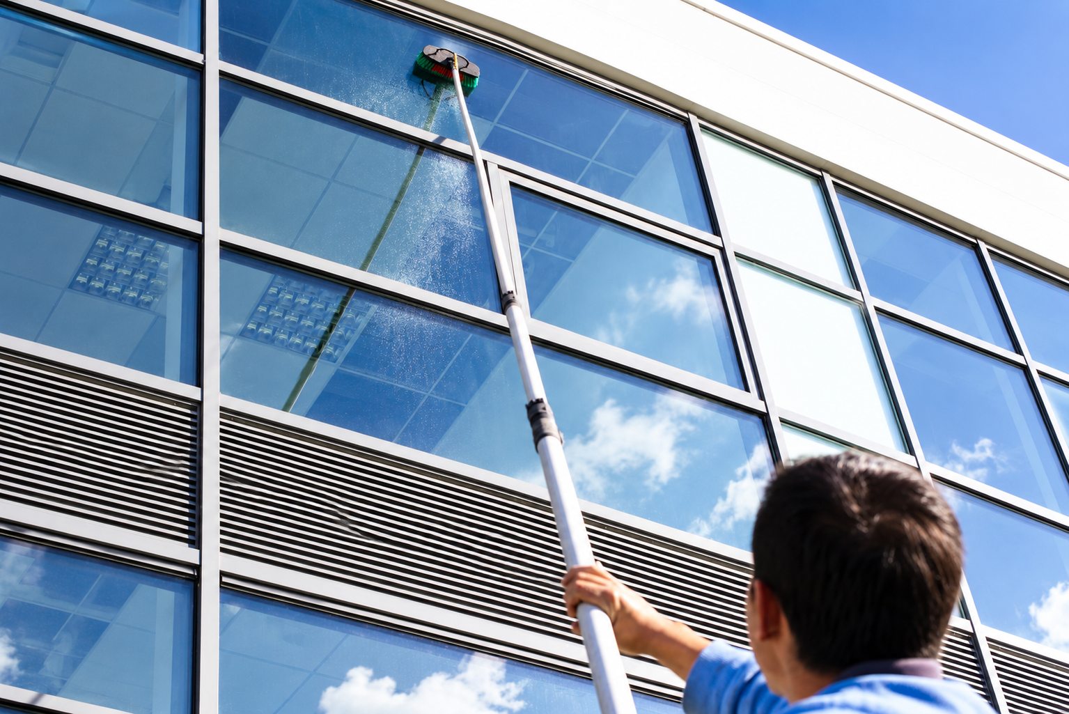 Cleaning upper-storey glass from the ground with a water-fed pole and brush
