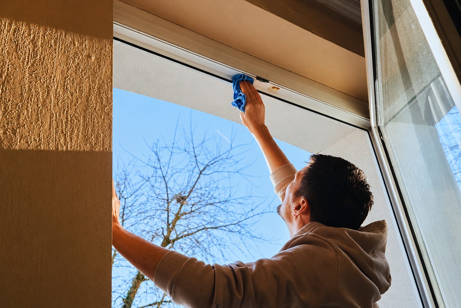 Wiping a window frame with a cloth, with the glass and frame details in view